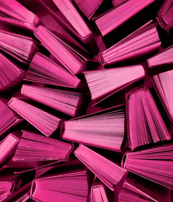 Book background in Viva Magenta colors. Red books top view. Color of the year 2023