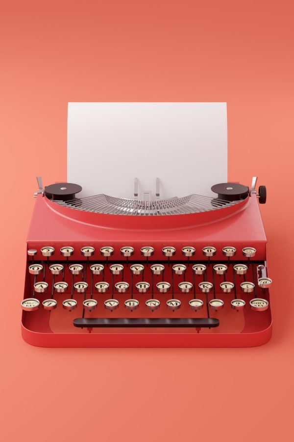 Retro vintage typewriter with blank white piece of paper in single color modern style